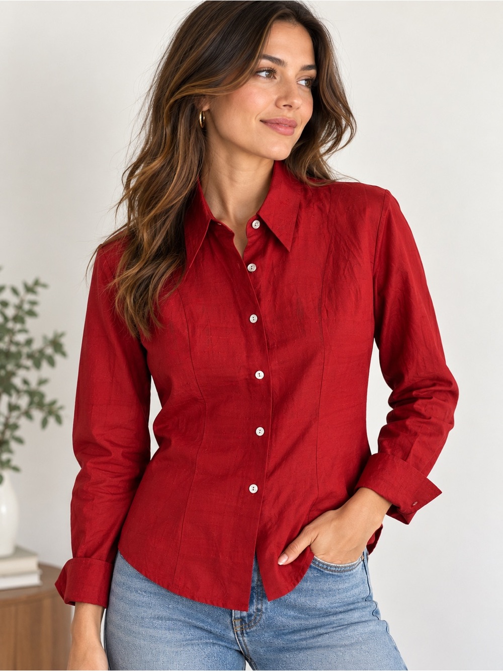 Vintage Y2K Gap 100% Raw Silk Red Fitted Button Down Blouse